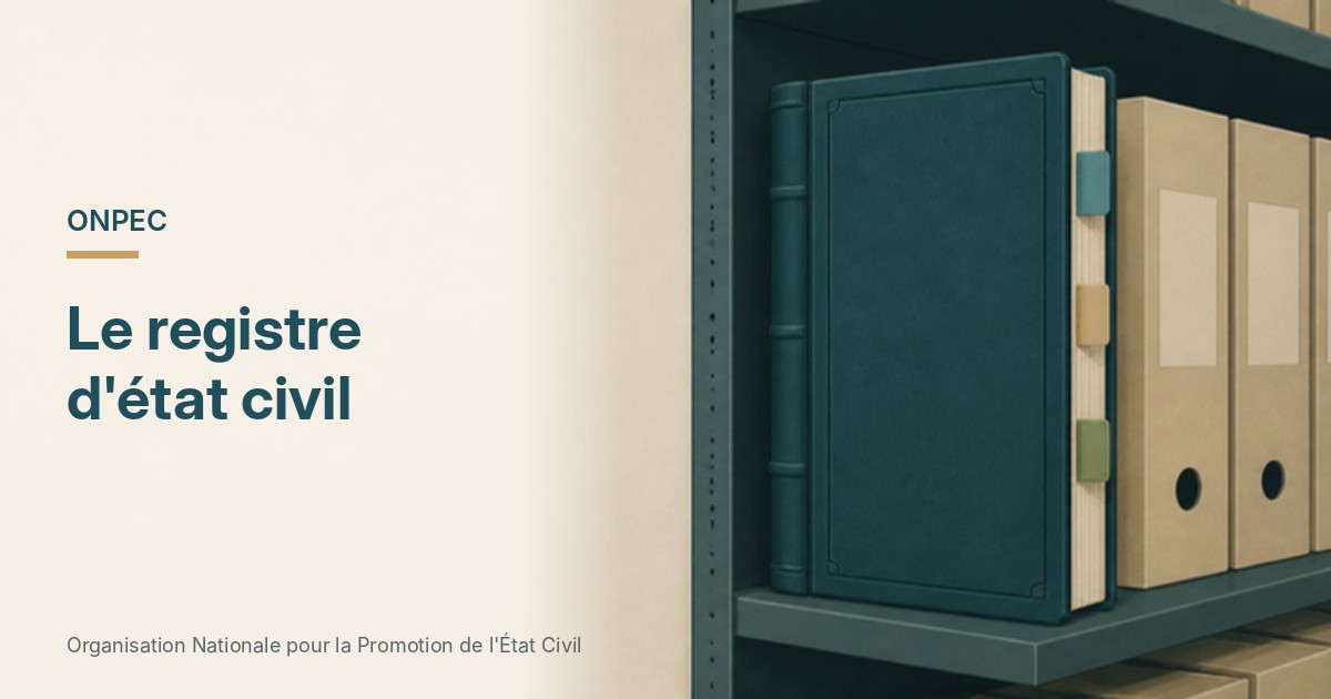 Illustration d'un registre d'état civil relié sur une étagère d'archives.
