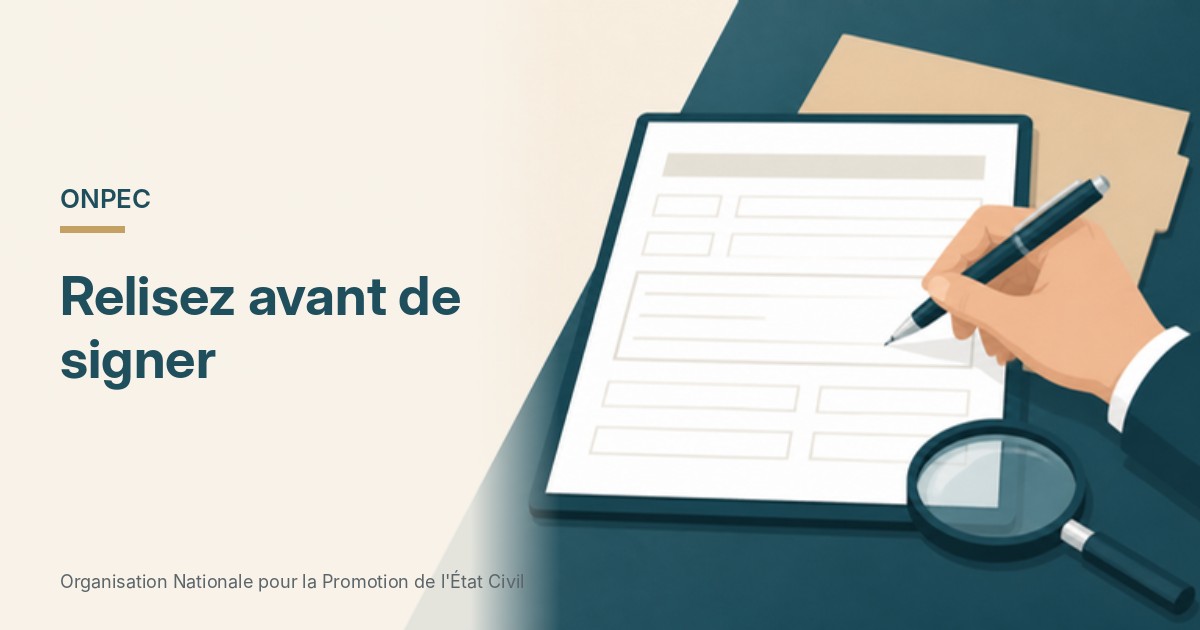 Illustration d'une main qui relit un formulaire avec une loupe avant de le signer.