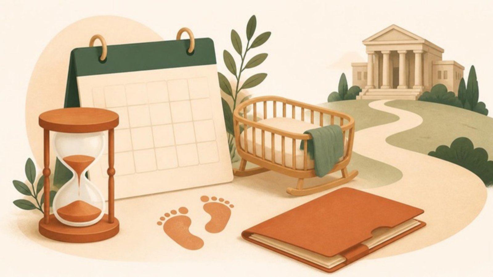 Calendrier, sablier et berceau symbolisant les délais de déclaration de naissance